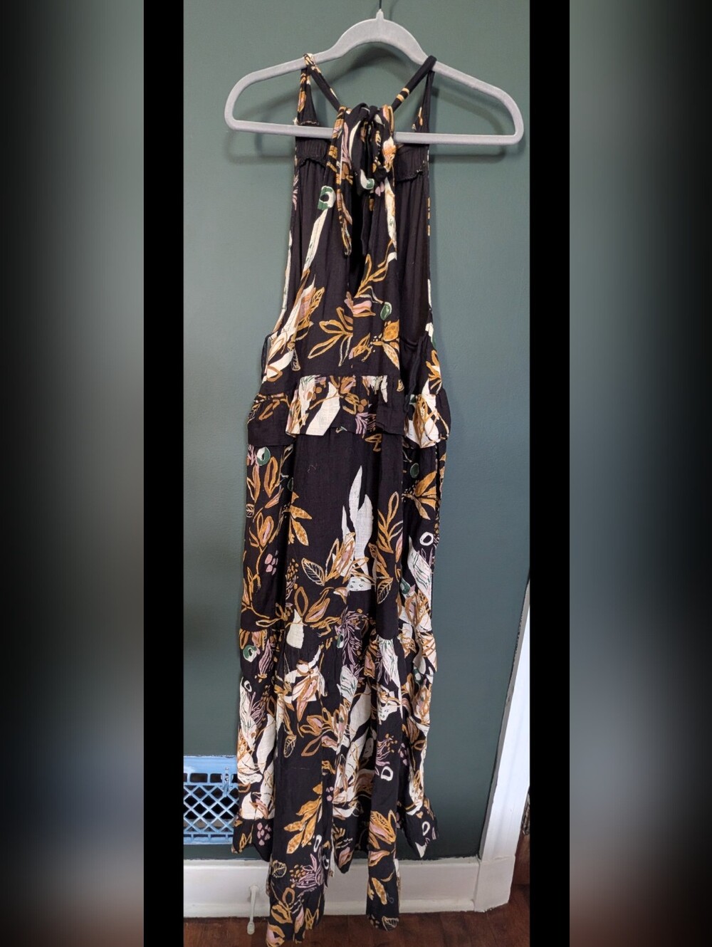 Free People Black Floral Halter Maxi Dress with Mustard and Cream Accents